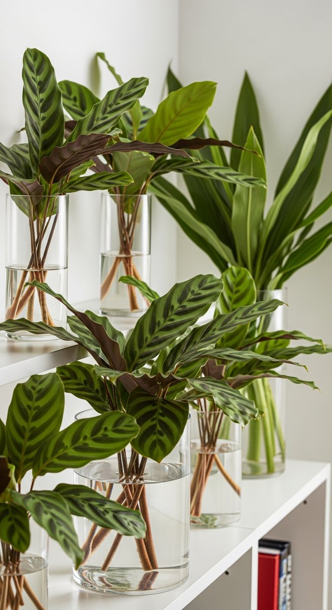 several calathea plants growing in water in clear glass vases