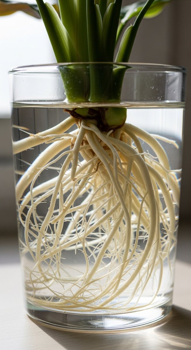 close-up of healthy white calathea roots growing in a glass of water, for calathea leca