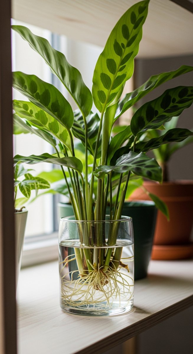 a calathea plant thriving in a glass of water on a shelf