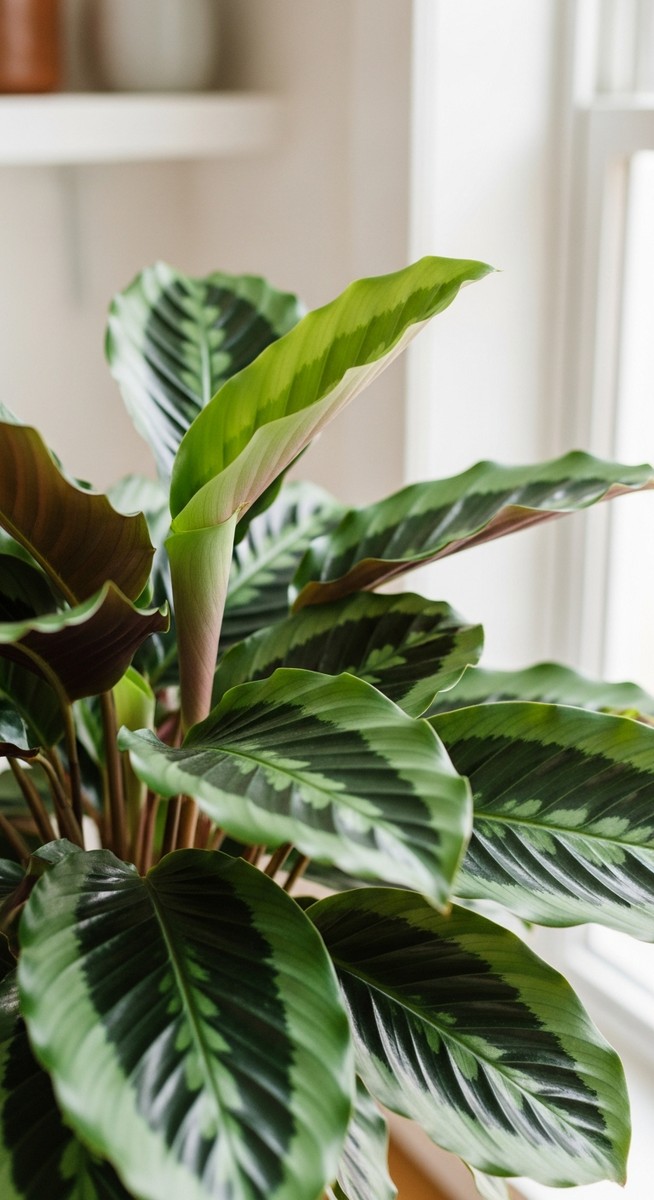 close-up of calathea leaves looking lush in a bright home interior