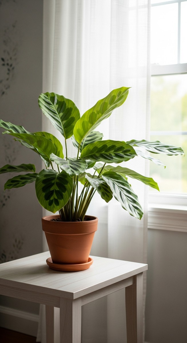 a calathea growing toward the light source in a bright home interior, for calathea light requirements
