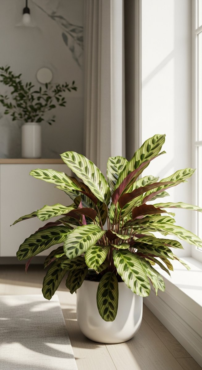 a calathea with its leaves oriented toward the light in a bright home interior
