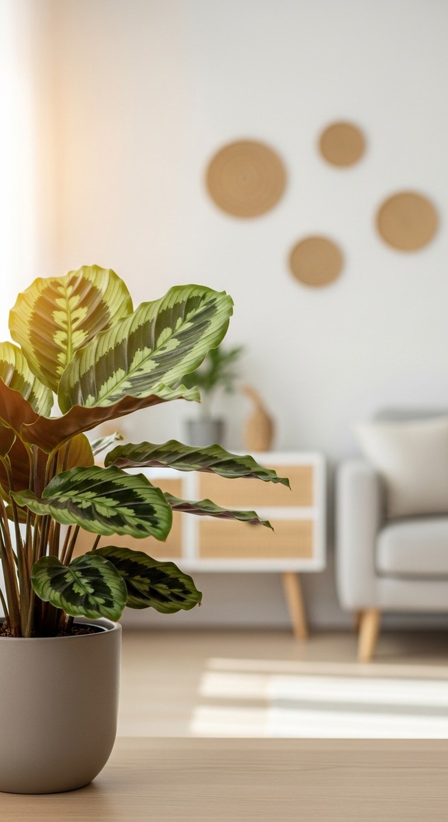 a calathea with its leaves oriented toward the light in a bright home interior