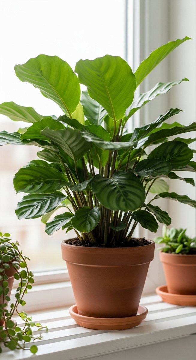 a lush calathea plant in a terracotta pot on a white shelf