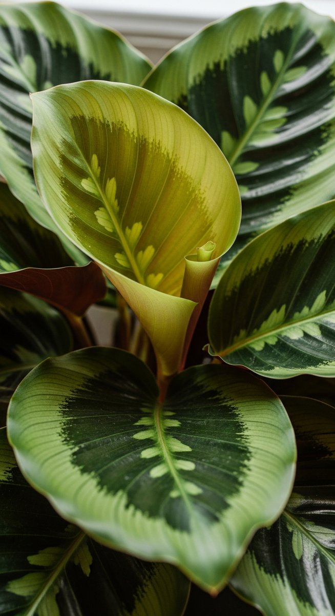 close-up of healthy calathea leaves showing vivid colour and texture, for calathea louisae