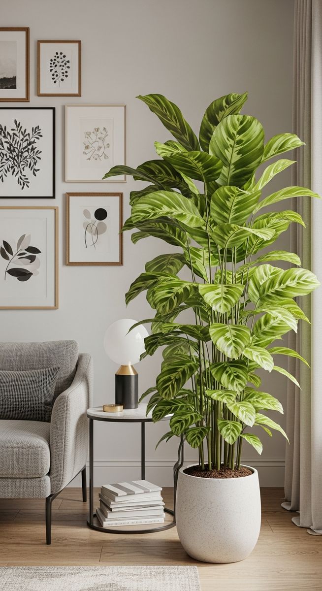 a large thriving calathea plant as a living room focal point, for calathea louisae