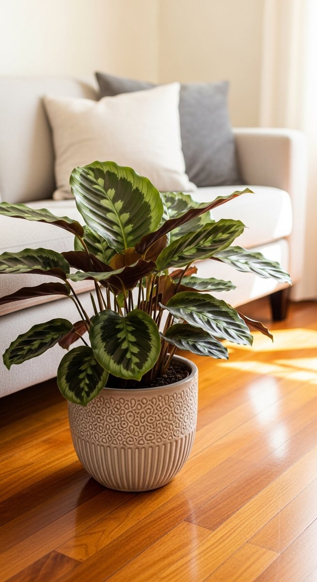 a calathea plant in a decorative pot on a wooden floor