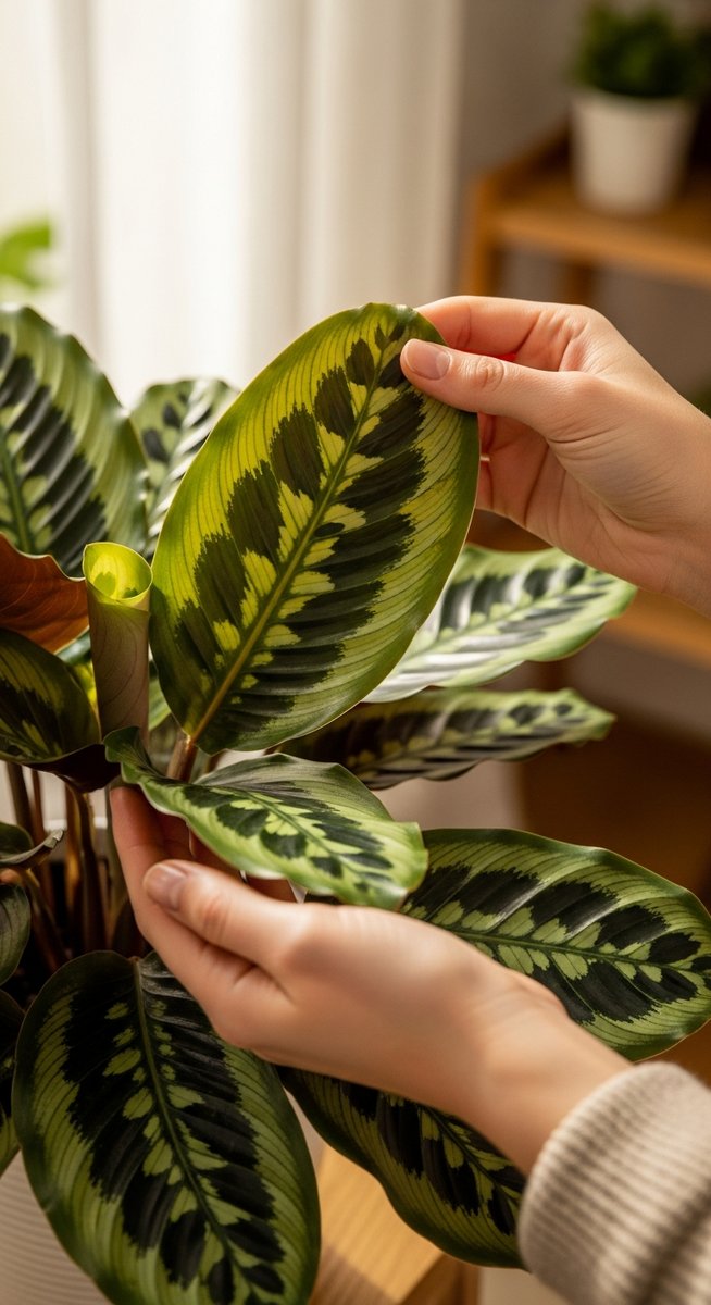 hands touching the leaves of a healthy calathea plant