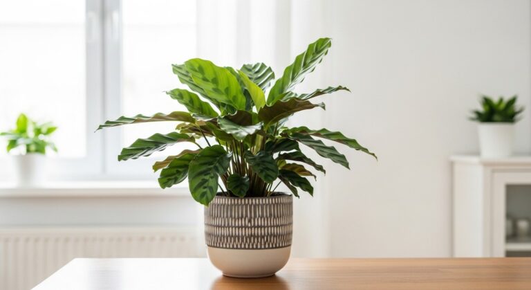 a healthy calathea plant displayed in a bright modern living room, for calathea louisae