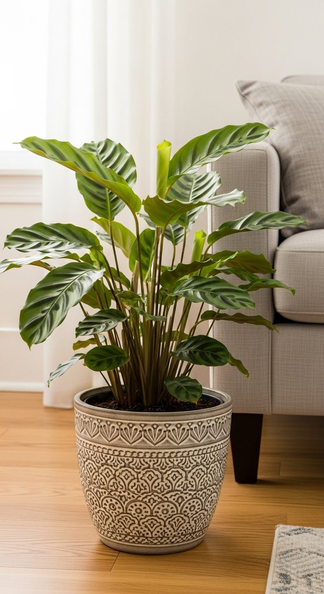 a calathea plant in a decorative pot on a wooden floor