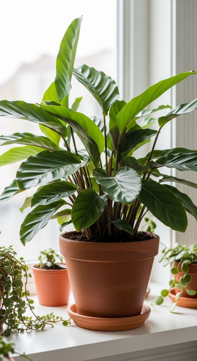 a lush calathea plant in a terracotta pot on a white shelf