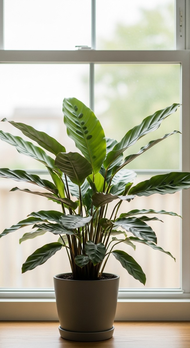 a calathea plant in a pot near a bright window