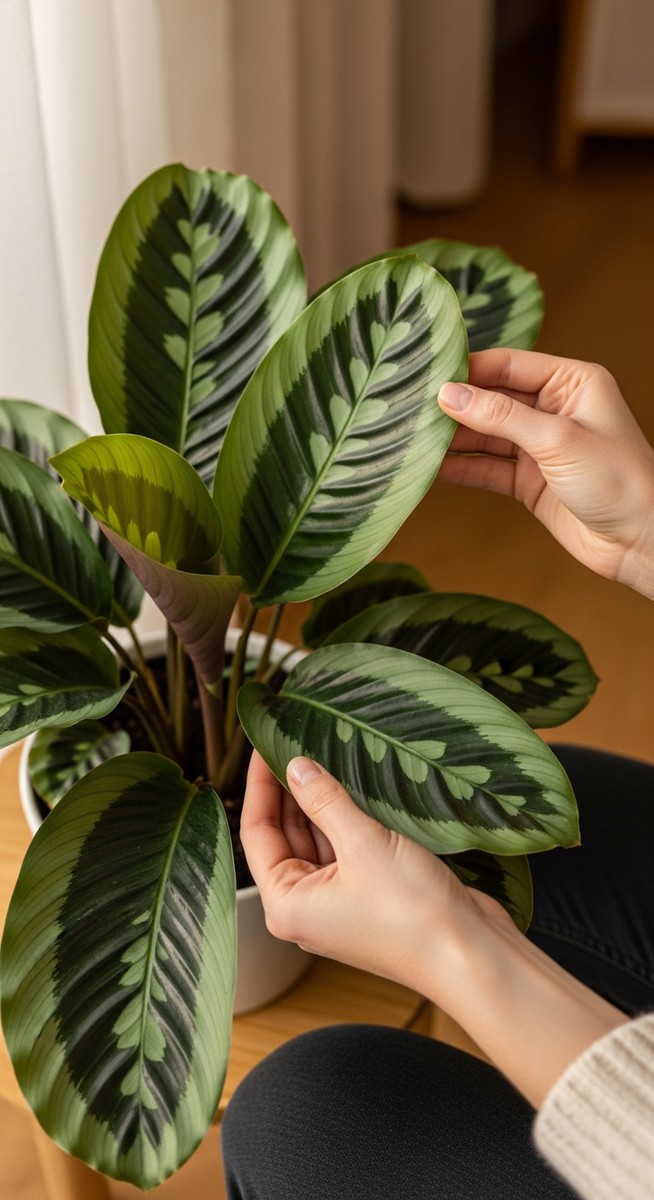 hands touching the leaves of a healthy calathea plant