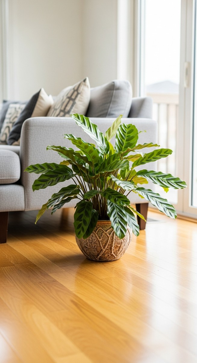 a calathea plant in a decorative pot on a wooden floor