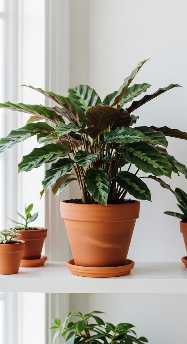 a lush calathea plant in a terracotta pot on a white shelf