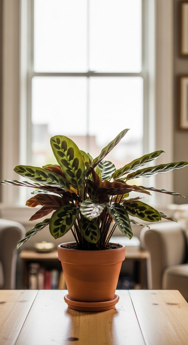 a calathea plant in a pot near a bright window