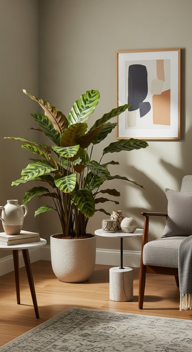 a large thriving calathea plant as a living room focal point, for calathea maui queen