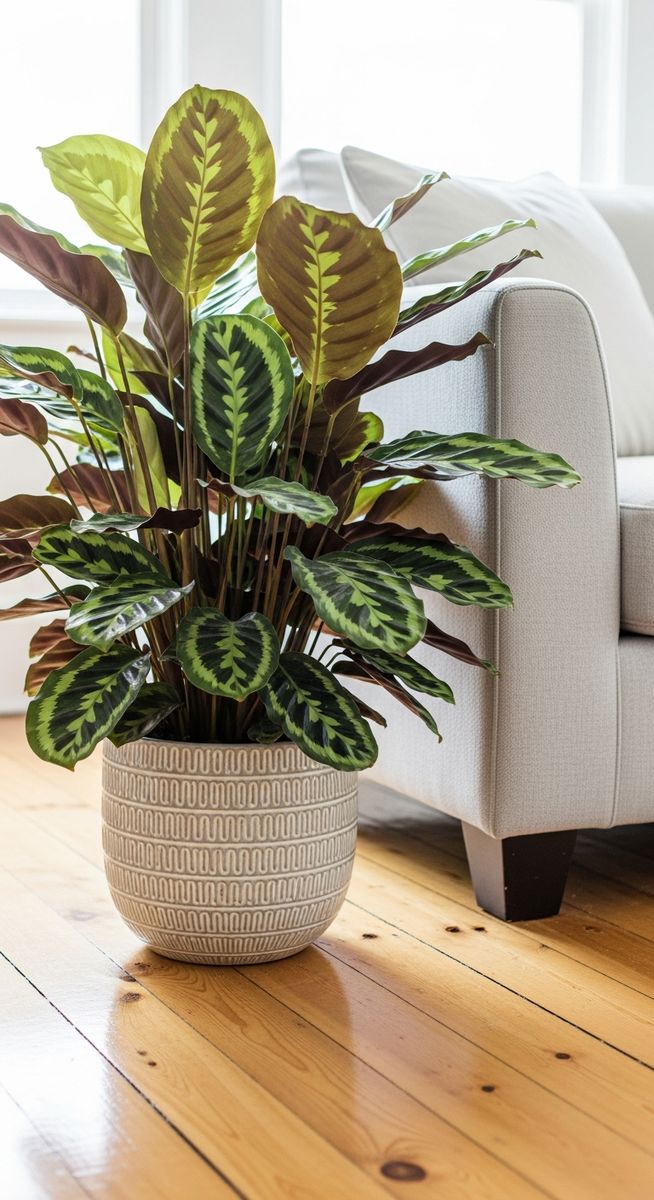 a calathea plant in a decorative pot on a wooden floor