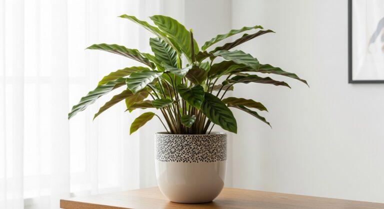 a healthy calathea plant displayed in a bright modern living room, for calathea maui queen