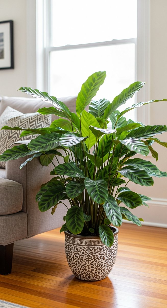 a calathea plant in a decorative pot on a wooden floor