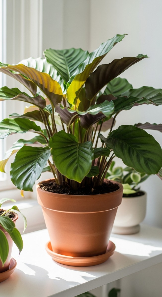 a lush calathea plant in a terracotta pot on a white shelf