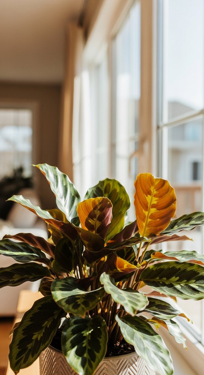 a calathea plant in a pot near a bright window