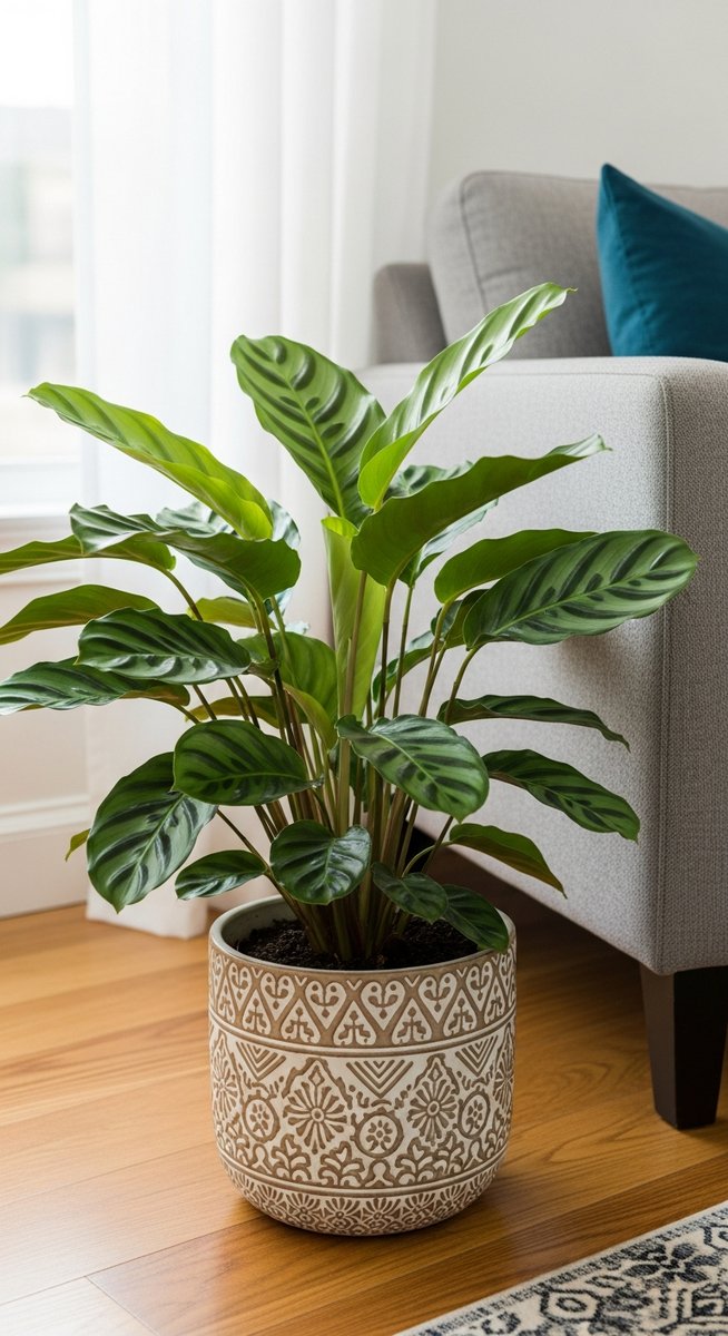 a calathea plant in a decorative pot on a wooden floor