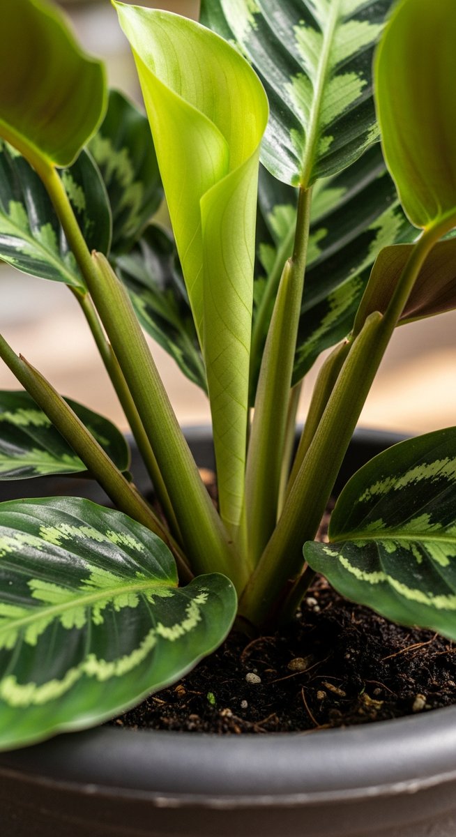 close-up of the base and lower leaves of a calathea plant, for calathea medallion
