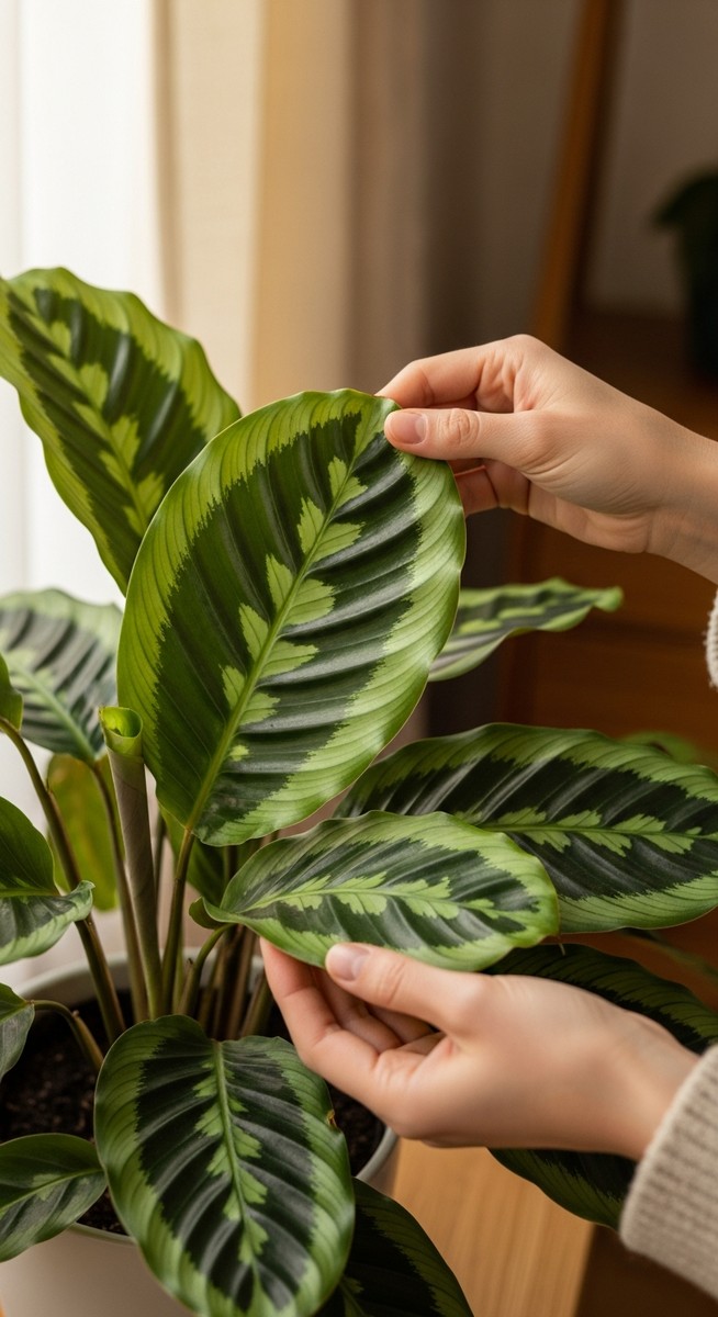 hands touching the leaves of a healthy calathea plant