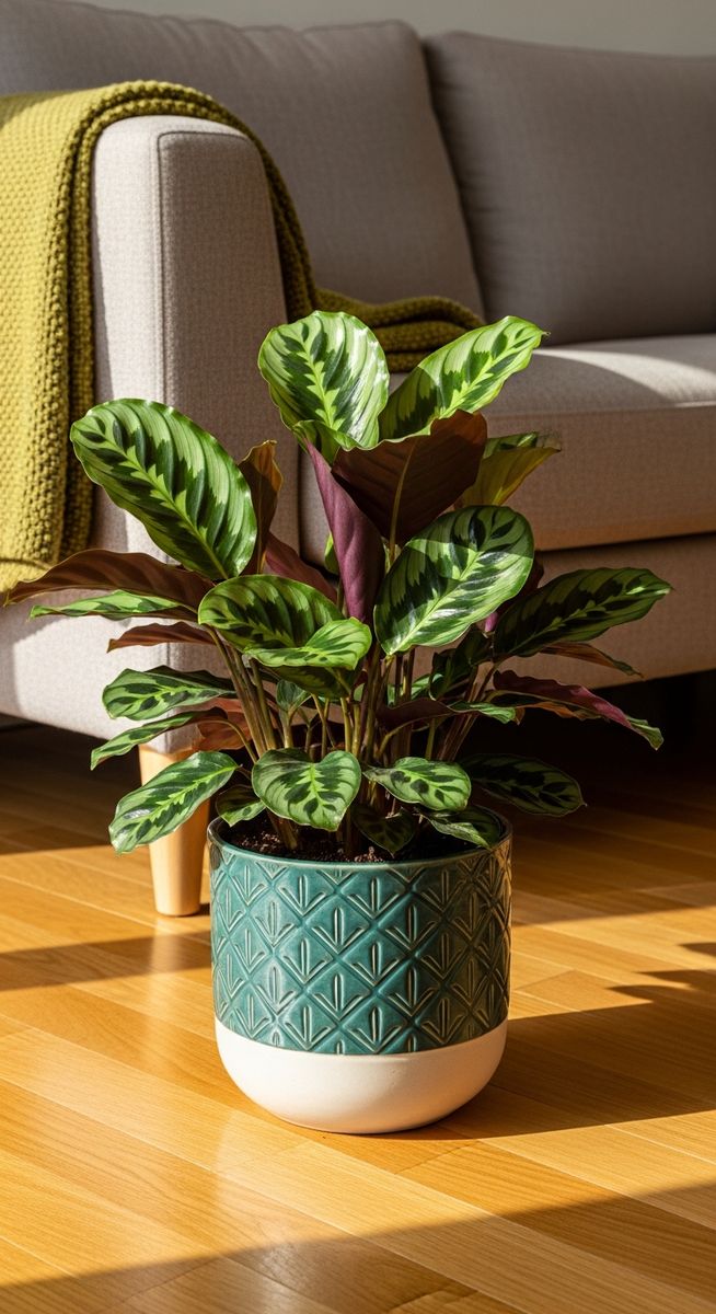 a calathea plant in a decorative pot on a wooden floor