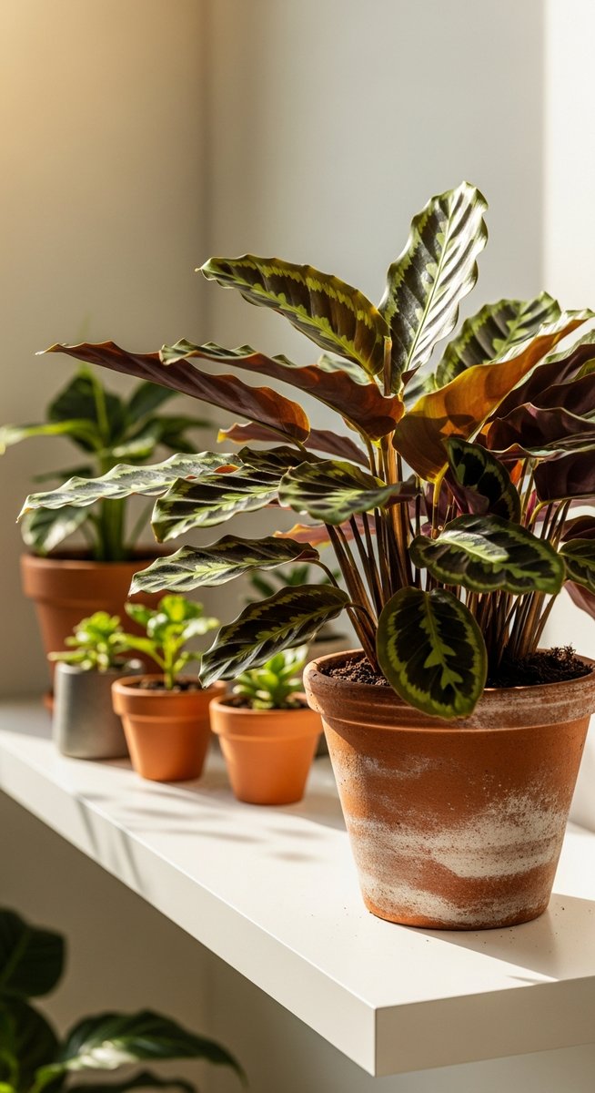 a lush calathea plant in a terracotta pot on a white shelf