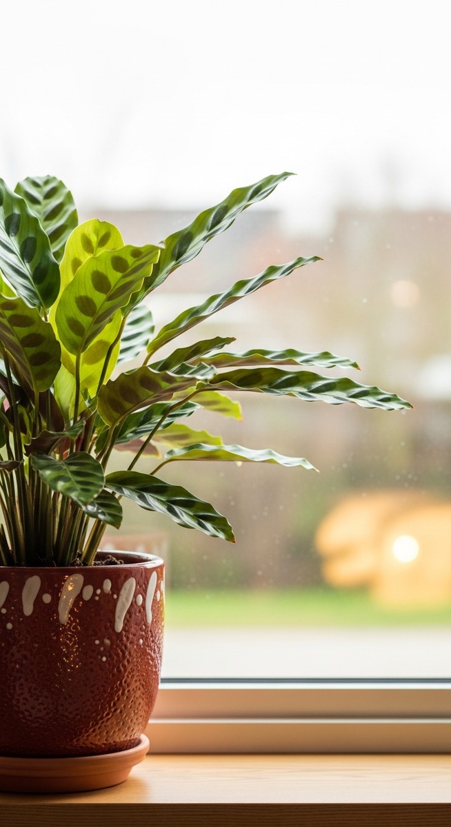 a calathea plant in a pot near a bright window