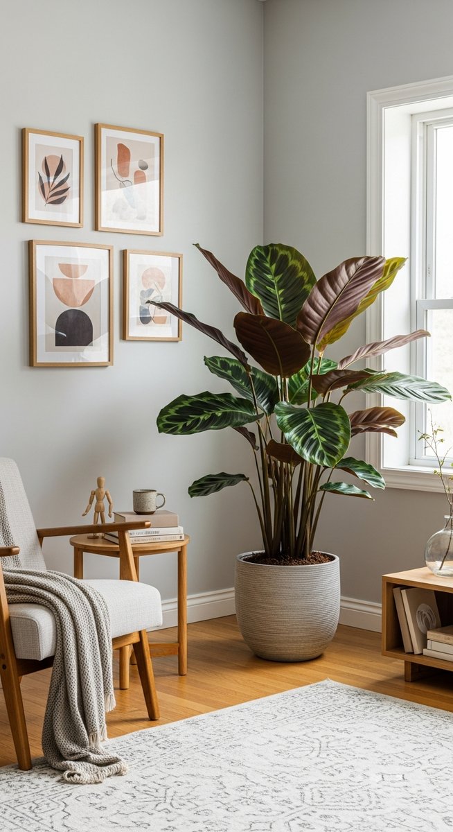 a large thriving calathea plant as a living room focal point, for calathea musaica