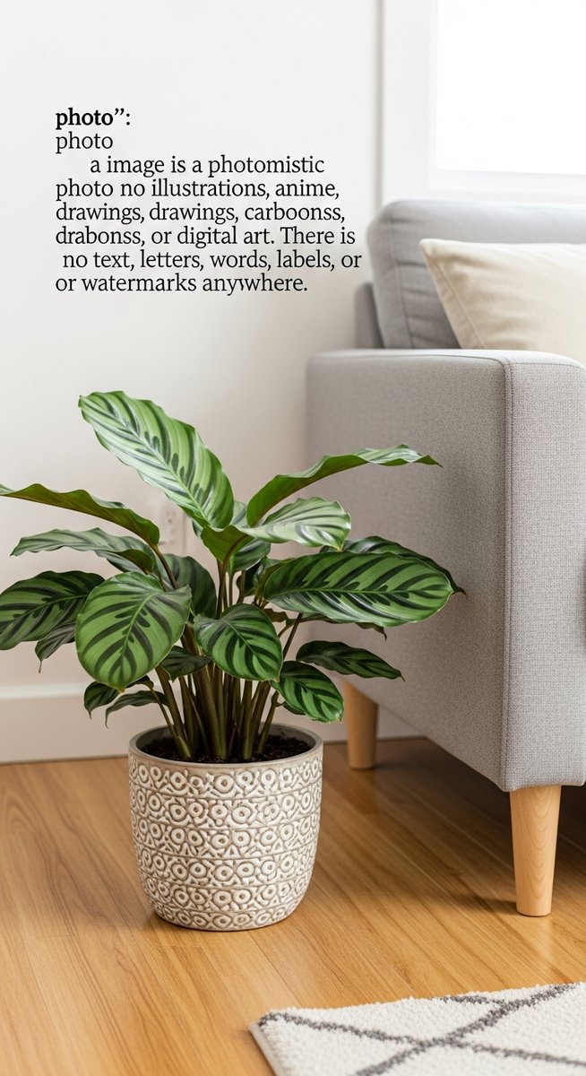 a calathea plant in a decorative pot on a wooden floor