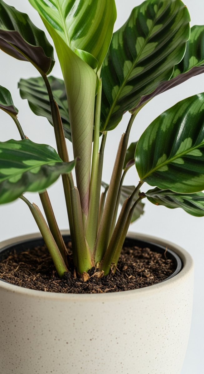 close-up of the base and lower leaves of a calathea plant, for calathea musaica