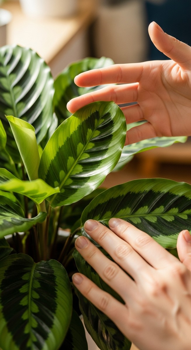hands touching the leaves of a healthy calathea plant