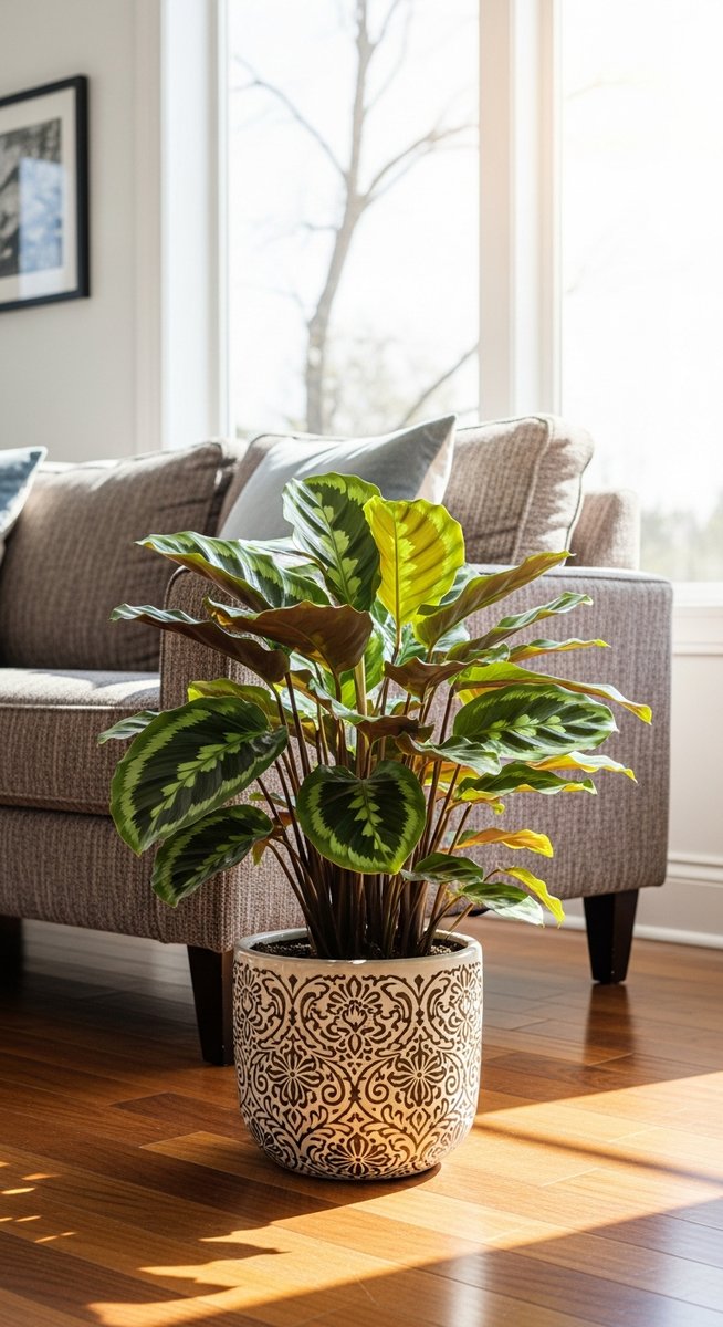 a calathea plant in a decorative pot on a wooden floor