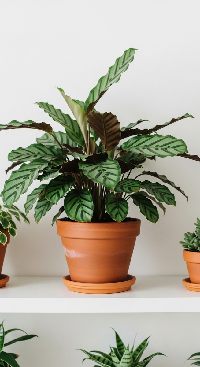 a lush calathea plant in a terracotta pot on a white shelf