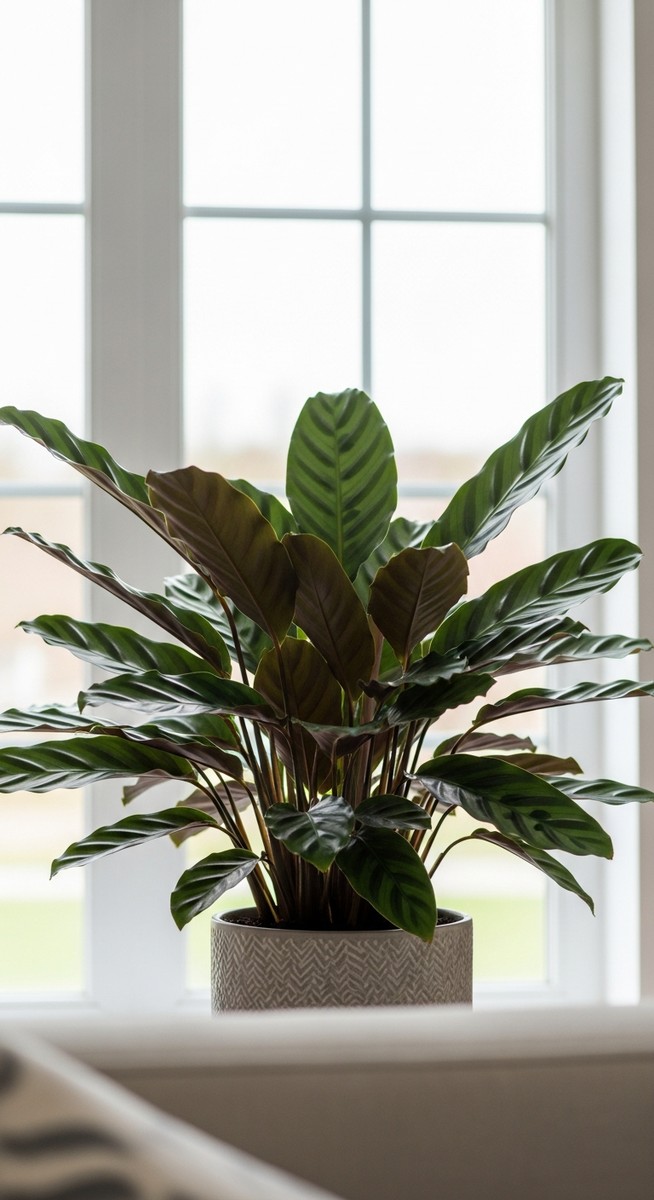 a calathea plant in a pot near a bright window