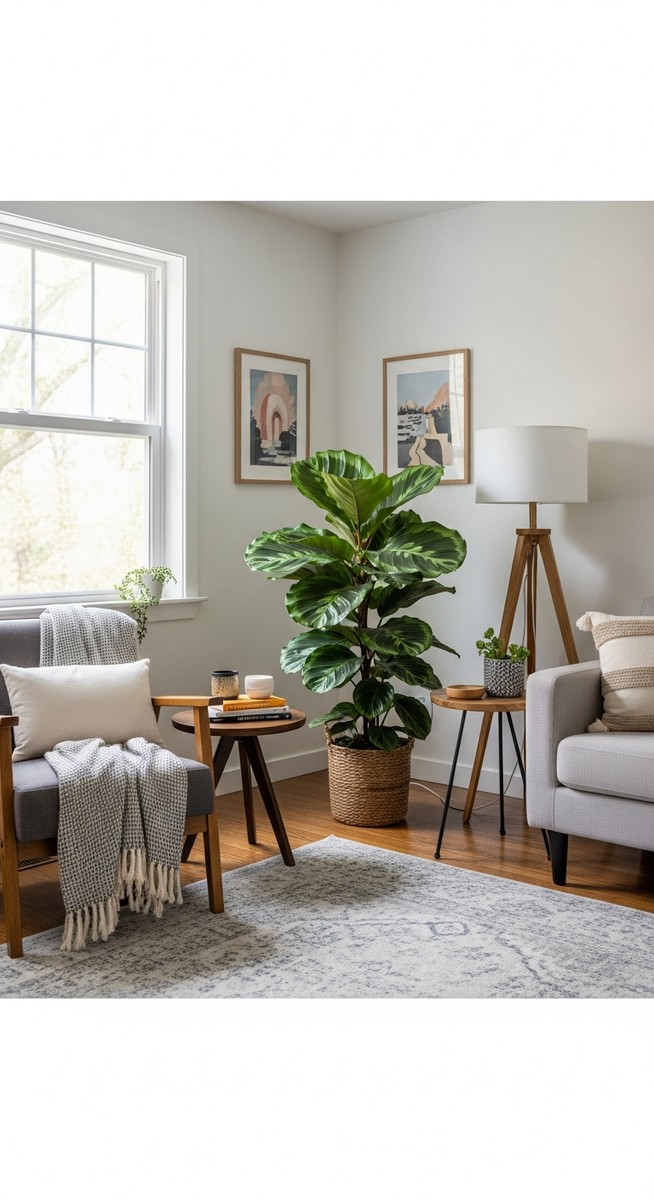a large thriving calathea plant as a living room focal point, for calathea orbifolia