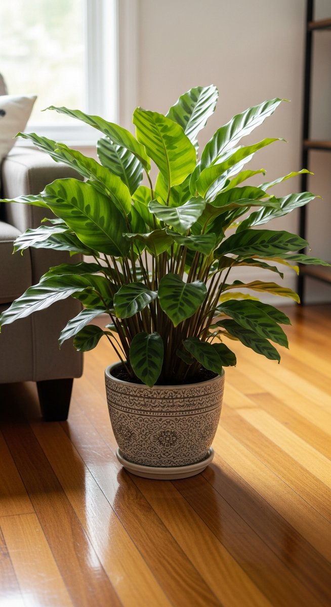 a calathea plant in a decorative pot on a wooden floor