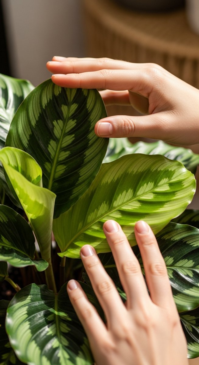 hands touching the leaves of a healthy calathea plant