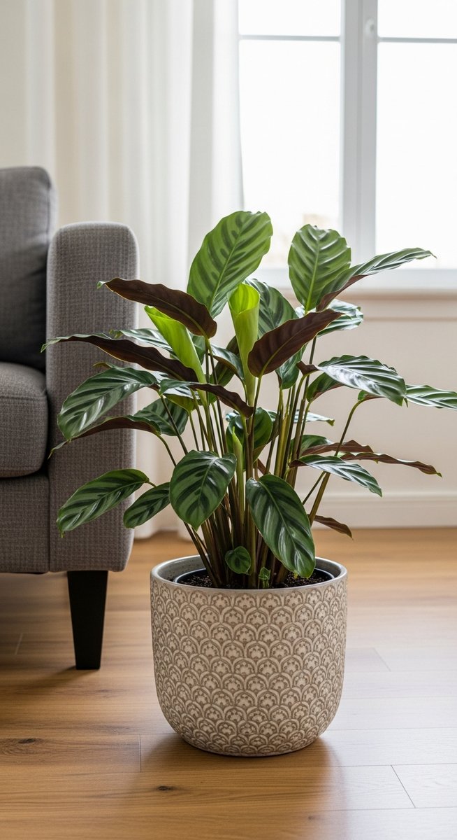 a calathea plant in a decorative pot on a wooden floor