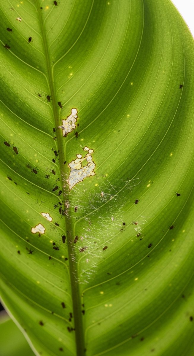 close-up of the underside of calathea leaves showing pest insects