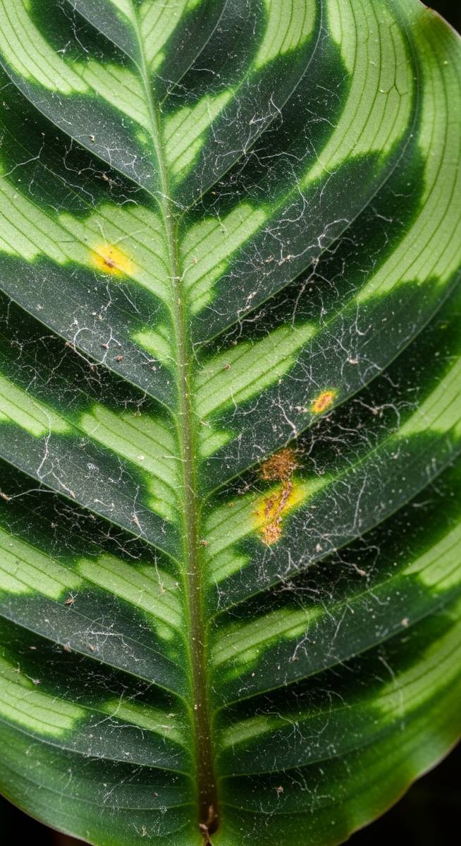 close-up of a calathea leaf showing webbing from spider mites