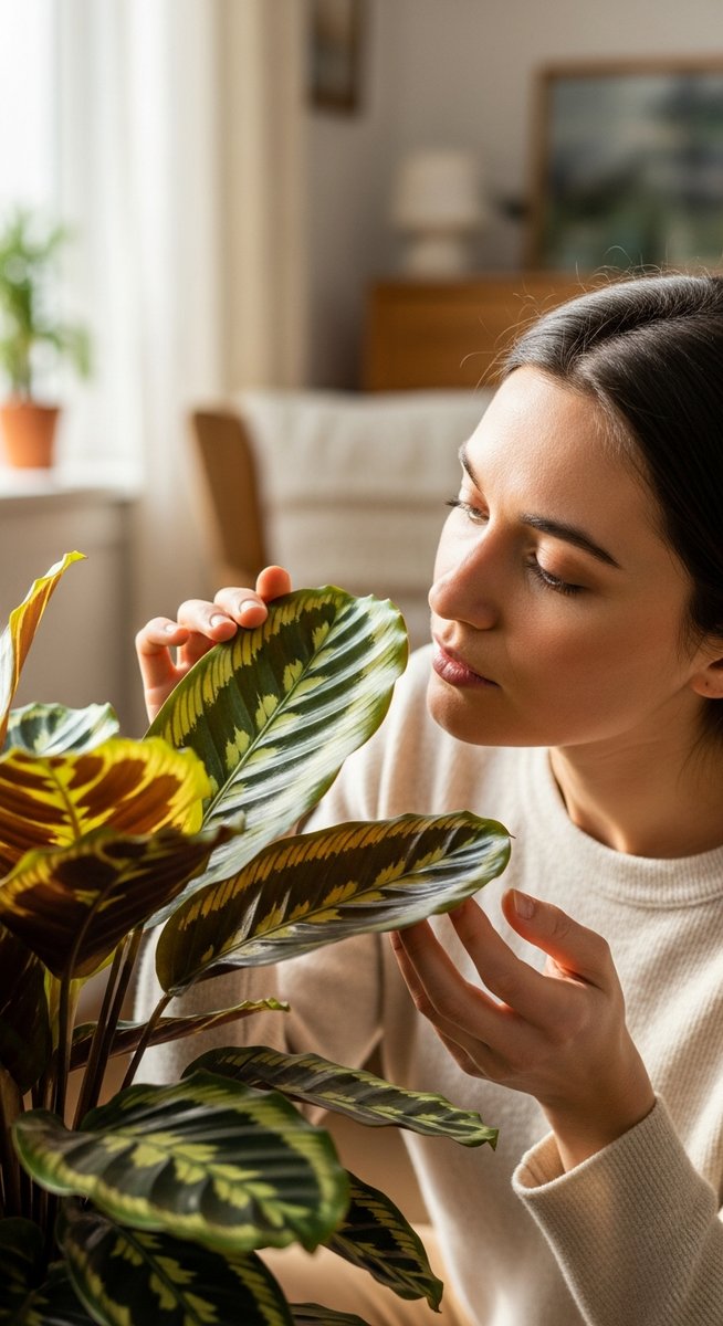 a person inspecting a calathea plant for signs of pest infestation, for calathea root rot