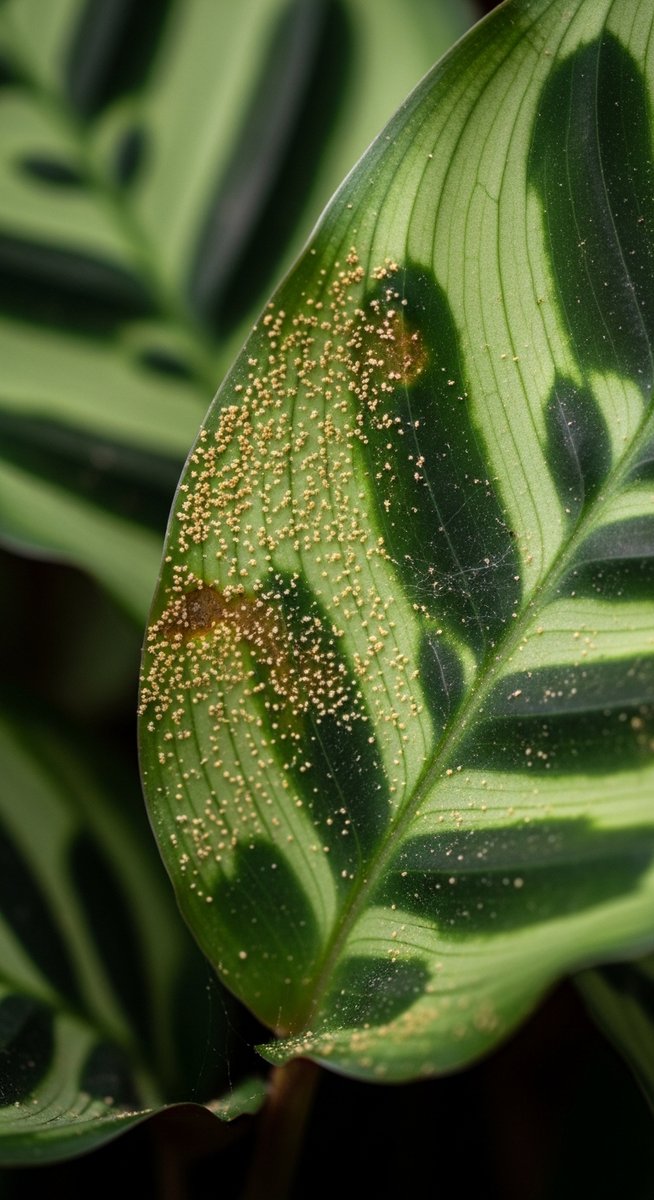 close-up of calathea leaves showing stippling from pest damage