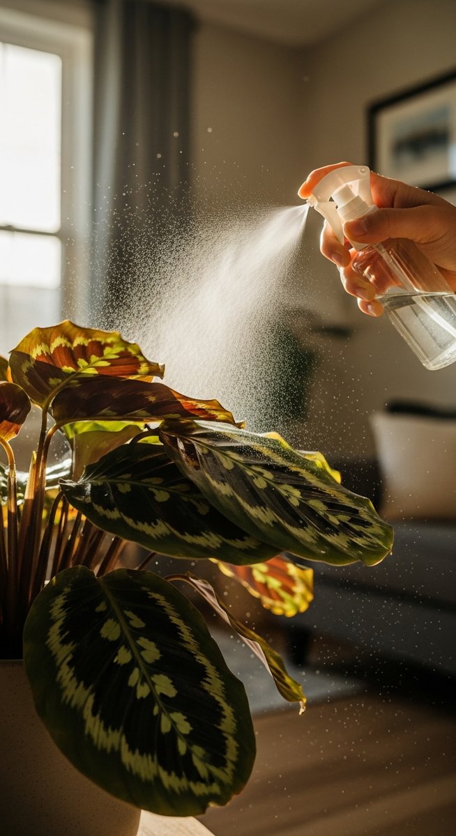 a calathea plant being treated with a spray bottle for pests, for calathea root rot