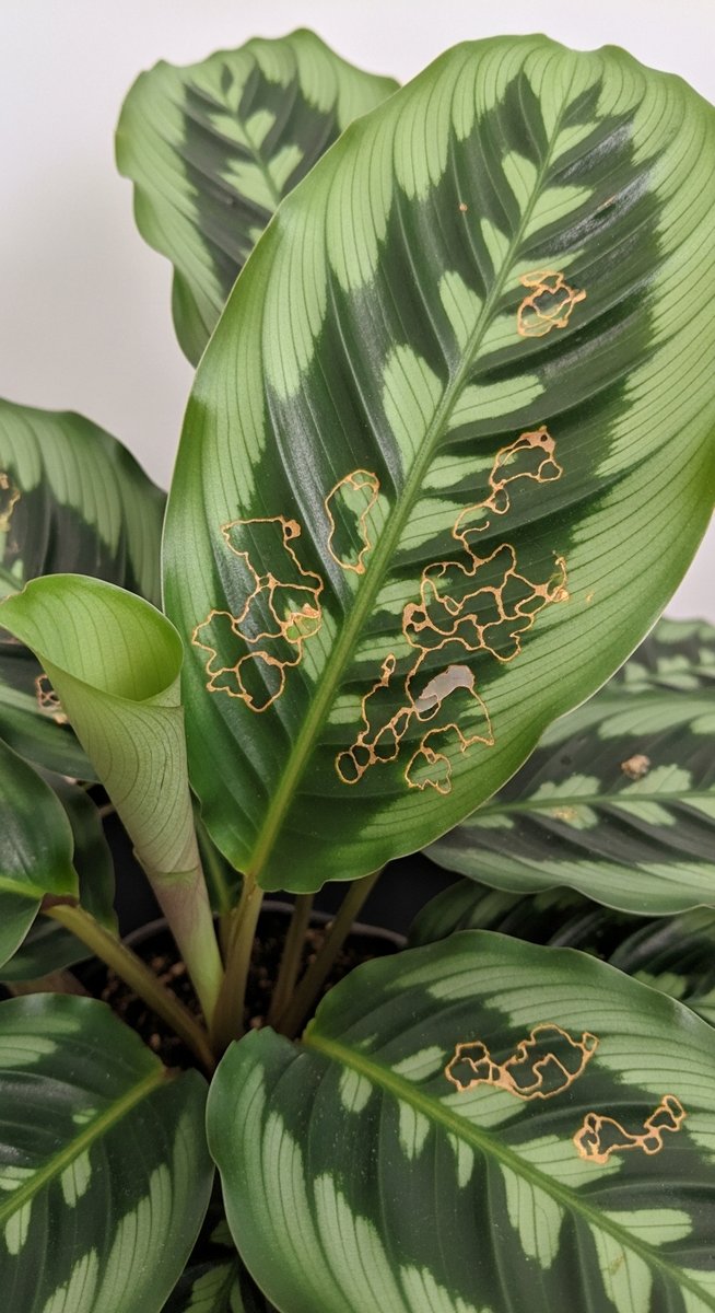 close-up of pest damage on a calathea leaf