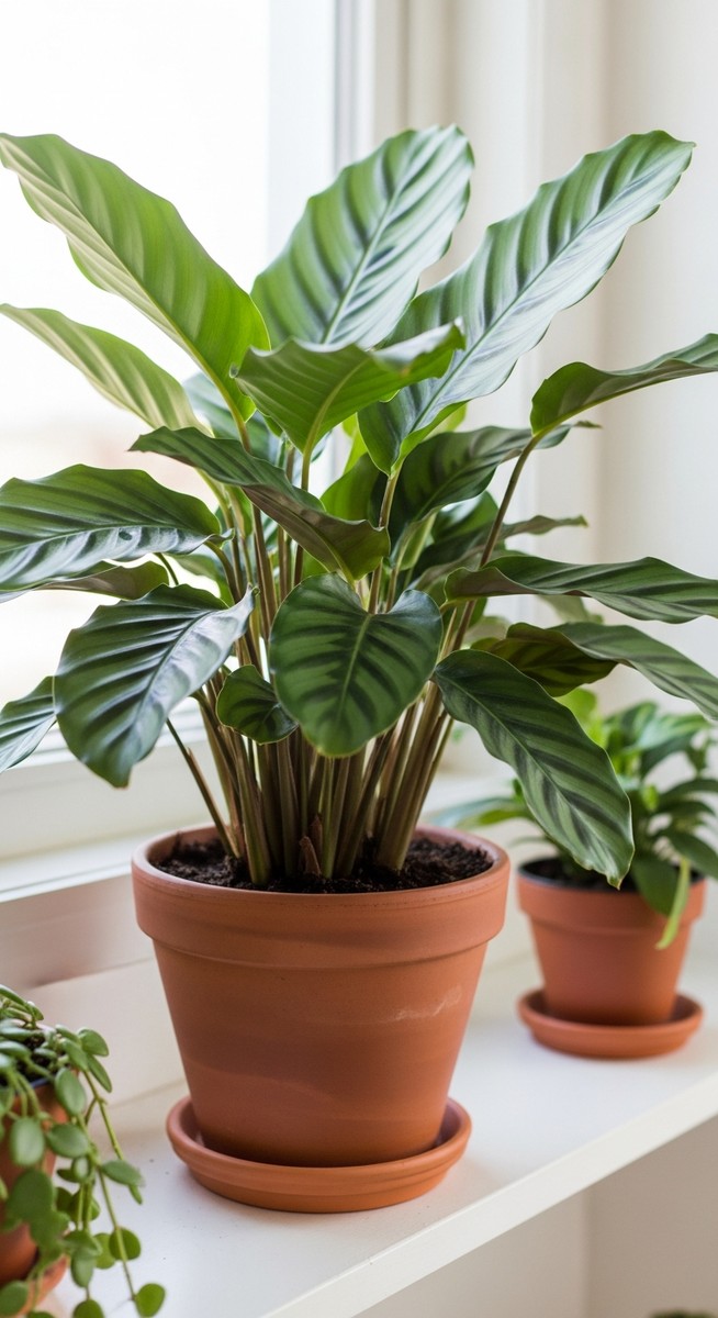 a lush calathea plant in a terracotta pot on a white shelf